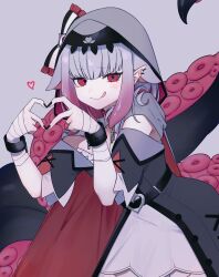  bandaged_hand bandages belt black_jacket black_nails breasts choker cleavage cloak commission dress female grey_cloak grey_hair grey_hood heart heart_hands highres hood hood_up hooded_cloak indie_virtual_youtuber jacket large_breasts licking_lips long_sleeves medium_hair off-shoulder_dress off_shoulder open_clothes open_jacket pink_choker pointy_ears red_eyes second-party_source sleeveless sleeveless_dress solo tentacle tentacle_hair tongue tongue_out virtual_youtuber white_dress wowari-c. yumekase_naia_(vtuber) 