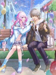  1boy :d absurdres bag_charm balloon black_jacket black_pants blue_hair blue_hat blue_jacket blue_sky braid breasts caelus_(honkai:_star_rail) caelus_(world_tour_2023)_(honkai:_star_rail) charm_(object) commission cyrene_(demiurge)_(honkai:_star_rail) cyrene_(honkai:_star_rail) cyrene_(nylon_japan)_(honkai:_star_rail) dating day diamond-shaped_pupils diamond_(shape) eyewear_hang falling_petals female ferris_wheel food gradient_hair grey_hair grey_skirt hand_on_another's_hand hat heart highres holding holding_food holding_ice_cream honkai:_star_rail honkai_(series) hood hoodie ice_cream isome jacket medium_breasts mem_(honkai:_star_rail) multicolored_hair multiple_scoops navel official_alternate_costume on_bench open_mouth outdoors pants petals pink_hair pink_petals pixiv_commission pointy_ears purple_eyes sitting skirt sky smile stomach sunglasses symbol-shaped_pupils trailblazer_(honkai:_star_rail) unworn_eyewear white_bag white_hoodie yellow_eyes 