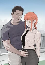  1boy absurdres arms_behind_back black_eyes black_hair black_necktie black_pants black_shirt braid braided_ponytail chainsaw_man commentary_request crossover female hand_on_another's_stomach highres makima_(chainsaw_man) manatsu_no_yo_no_inmu muscular muscular_male necktie open_mouth pants red_hair ringed_eyes rooftop shirt shirt_tucked_in teeth textless_version udaijin white_pants white_shirt yajuu_senpai yellow_eyes 