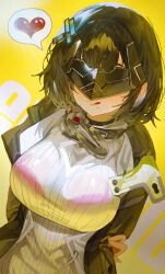  arknights arknights:_endfield black_hair black_jacket breasts endministrator_(arknights) female female_endministrator_(arknights) heart highres indol jacket large_breasts mask open_clothes open_jacket ribbed_sweater short_hair solo speech_bubble spoken_heart sweater upper_body white_sweater 