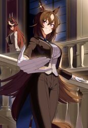  2girls absurdres animal_ears black_jacket black_pants black_shirt blue_necktie blush breasts brown_hair closed_mouth collared_shirt commentary_request ear_ornament earrings gloves green_necktie grey_vest hair_between_eyes highres hitempo horse_ears horse_girl horse_tail jacket jewelry large_breasts long_hair long_sleeves looking_at_viewer multicolored_hair multiple_girls necktie open_mouth pants purple_eyes red_eyes shirt single_earring sirius_symboli_(umamusume) smile stairs streaked_hair symboli_rudolf_(umamusume) tail tuxedo umamusume very_long_hair vest white_gloves white_hair white_jacket white_pants white_shirt 
