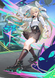  absurdres black_skirt blonde_hair breasts commentary eyelashes female full_body gyaru headphones headphones_around_neck high-waist_skirt highres inline_skates liuli_xiao long_hair lynae_(wuthering_waves) medium_breasts open_mouth pleated_skirt purple_eyes roller_skates shirt skates skirt white_shirt wuthering_waves 