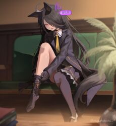  absurdres ahoge animal_ears black_hair black_jacket black_shirt black_skirt black_thighhighs blush closed_eyes commentary dio_dio english_commentary female hair_over_one_eye highres horse_ears horse_girl horse_tail jacket manhattan_cafe_(creeping_shadow)_(umamusume) manhattan_cafe_(umamusume) necktie open_clothes open_jacket open_mouth removing_thighhigh shirt shoes single_shoe skirt solo tail thighhighs umamusume wet_thighhighs white_shoes yellow_necktie 