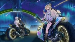  1boy 2girls absurdres black_hair black_jacket black_pants blonde_hair colored_tips commentary english_commentary grey_hair grin highres jacket long_hair looking_at_viewer looking_back lynae_(wuthering_waves) male_rover_(wuthering_waves) mornye_(wuthering_waves) motor_vehicle motorcycle multicolored_hair multiple_girls pants rezilism rover_(wuthering_waves) shooting_star smile tacet_mark_(wuthering_waves) v white_jacket wuthering_waves 