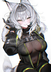  animal_ears belt black_belt black_gloves black_jacket blush bodystocking breasts cat_ears cat_girl cat_tail closed_mouth commission female fur-trimmed_hood fur_trim gloves green_eyes green_jacket grey_hair hair_between_eyes half-closed_eyes hand_up hashtag haze_(7h4ze) highres hood hooded_jacket jacket large_breasts light_smile long_hair long_sleeves looking_at_viewer mole mole_under_eye multicolored_jacket open_clothes open_jacket original see-through_bodystocking sidelocks simple_background solo tail two-tone_jacket upper_body white_background 