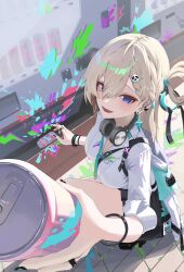  absurdres aqua_necktie black_skirt blonde_hair braid braided_bangs breasts can charm_(object) clang_bang_(wuthering_waves) cleavage commentary drink_can earrings female graffiti hair_between_eyes hair_ornament headphones headphones_around_neck highres holding holding_can jacket jewelry join4823 long_hair looking_at_viewer lynae_(wuthering_waves) medium_breasts necktie open_mouth purple_eyes shirt shirt_tucked_in skirt skull_hair_ornament smile solo star_(symbol) star_earrings vending_machine white_jacket white_shirt wuthering_waves 