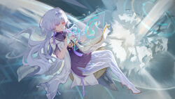  603dekuankuan absurdres breasts chinese_commentary colored_eyelashes commentary_request dress female full_body grey_hair high_heels highres holographic_interface jacket long_hair mornye_(wuthering_waves) partial_commentary purple_dress red_eyes see-through_body small_breasts solo space white_jacket wuthering_waves 