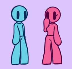  1boy 1girls black_eyes blue_body blue_skin breasts clothed clothes clothing eyelashes female full_body fully_clothed male purple_background red_body red_skin screwroot simple_background standing stickfigure stickman straight 