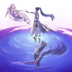  2girls absurdres black_dress boots breasts commentary_request corset diamond-shaped_pupils diamond_(shape) different_reflection dress elysia_(herrscher_of_human:_ego)_(honkai_impact) elysia_(honkai_impact) floating high_heel_boots high_heels high_ponytail highres holding holding_sword holding_weapon honkai_(series) honkai_impact_3rd large_breasts long_hair multiple_girls pink_hair ponytail purple_eyes purple_hair raiden_mei raiden_mei_(herrscher_of_origin) raiden_mei_(herrscher_of_thunder) reaching reaching_towards_another reflection reflective_liquid smile stupid_goose_man sword symbol-shaped_pupils thighs veil very_long_hair weapon white_boots white_corset white_veil 