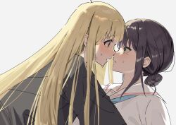  2girls black_hair blonde_hair blue_neckerchief blush chou_kaguya-hime! closed_mouth commentary eye_contact green_eyes hair_bun highres iroha_sakayori kaguya_(chou_kaguya-hime!) long_hair looking_at_another mole mole_under_eye mosa_1120 multiple_girls neckerchief parted_lips red_eyes sailor_collar school_uniform serafuku shirt simple_background sweat white_background white_sailor_collar white_shirt yuri 