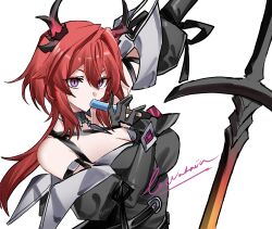  absurdres arknights arknights:_endfield arm_up black_gloves black_horns black_shirt breasts character_name commentary english_commentary female food gloves hair_between_eyes highres holding holding_food holding_popsicle horns laevatein_(arknights) light_blush long_hair looking_at_viewer outstretched_arm popsicle purple_eyes red_hair shirt simple_background solo surtr_(arknights) sword upper_body weapon white_background yazu_(zoddiacz) 