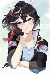  absurdres animal_ears black_gloves black_hair black_jacket blue_eyes blue_shirt blush collarbone commentary_request female gloves hair_between_eyes highres horse_ears horse_girl jacket kaniitama katsuragi_ace_(dragon_rising_to_the_top)_(umamusume) katsuragi_ace_(umamusume) long_sleeves looking_at_viewer multicolored_hair shirt smile solo speech_bubble streaked_hair translation_request umamusume upper_body white_hair 