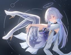  chinese_commentary colored_eyelashes commentary_request doraski dress earrings female from_side full_body grey_hair hair_ornament hair_over_one_eye halo high_heels highres jacket jewelry long_hair looking_at_viewer looking_to_the_side mornye_(wuthering_waves) purple_dress red_eyes see-through_body sky solo star_(sky) starry_sky tacet_mark_(wuthering_waves) triangle_earrings white_jacket wuthering_waves 