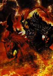  2008 2_horns abstract_background ambiguous_feral ambiguous_gender armor black_armor black_bottomwear black_clothing black_eyes black_hair black_pauldron black_topwear bottomwear breastplate clothed clothed_human clothed_male clothing colored cross-pike digital_media_(artwork) duo dynasty_warriors electricity equid equine feathers feral flowing_mane fully_clothed fully_clothed_human fully_clothed_male fur hair half-length_portrait harness harness_only headgear holding_cross-pike holding_melee_weapon holding_object holding_weapon horn horse human human_focus japanese_text koei_tecmo lightning lightning_bolt looking_forward lu_bu male male_focus male_human mammal mane melee_weapon official_art painting_(artwork) pauldron pheasant_feathers portrait red_body red_ears red_feathers red_fur red_hare_(dw) red_mane riding sharp_teeth short_hair snout solo_focus stern_look teeth text three-quarter_portrait thunder topwear traditional_media_(artwork) traditional_painting_(artwork) translation_request unknown_artist wallpaper warriors_(game_series) weapon 