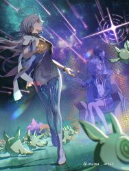  1boy absurdres breasts commentary dress dutch_angle english_commentary female grey_hair hair_over_one_eye halo highres jacket long_hair male_rover_(wuthering_waves) mornye_(wuthering_waves) mumu_(mumu_arttt) outdoors parted_lips purple_dress red_eyes rover_(wuthering_waves) see-through_body sky small_breasts soliskin_(wuthering_waves) star_(sky) starry_sky tacet_mark_(wuthering_waves) twitter_username wheelchair white_jacket wuthering_waves 