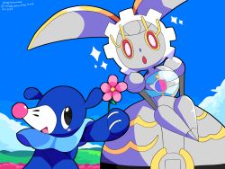  2026 4:3 absurd_res ambiguous_gender black_eyes blue_body blush cloud dated duo feral flower generation_7_pokemon giving_flower grass grey_body hi_res humanoid legendary_pokemon machine magearna markings nintendo open_mouth plant pokemon pokemon_(species) popplio red_eyes robot signature sky sleepy_sealion sparkles tongue whisker_markings 