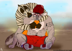  2024 abs anthro backwards_baseball_cap backwards_hat baseball_cap bottomwear brown_body brown_fur bulge clothed clothed_male clothing cloud colored dated duo eyewear footwear fur glasses grey_body grey_skin hat headgear headwear hug hugging_another hugging_from_behind hyena male male/male mammal muscular muscular_male nipples outside pecs red_baseball_cap red_bottomwear red_clothing red_eyewear red_glasses red_shorts rhinoceros shoes shorts sitting sky striped_body striped_fur striped_hyena stripes tail tan_body tan_fur tattoo text url wearing_glasses whitecolt_productions 
