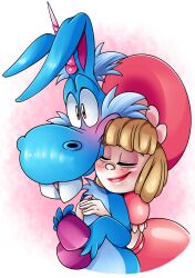  2019 8-bit-britt anthro blonde_hair blue_body blue_fur blush bo_peep_(happy!) clothing dress duo equid equine female fur hair happy! happy_(happy!) hi_res horn hug hugging_another hugging_from_behind human humanoid imaginary_friend love male male/female mammal mythological_creature mythological_equine mythology pegasus pink_clothing pink_dress unicorn universal_studios wings 