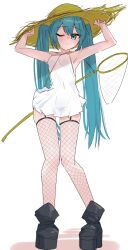  alternate_costume aqua_hair bare_shoulders black_boots blue_eyes boots dress female fishnet_thighhighs fishnets full_body garter_straps hand_net hat hatsune_miku highres long_hair looking_at_viewer one_eye_closed simple_background smile solo standing straw_hat sundress thighhighs thinker25075754 twintails vocaloid white_background white_dress 