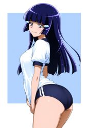  aoki_reika aquaberrymarine ass blue_buruma blue_eyes blue_hair blush breasts buruma female gym_shirt gym_uniform hair_tubes highres long_hair looking_at_viewer precure shirt short_sleeves small_breasts smile smile_precure solo white_background white_shirt 