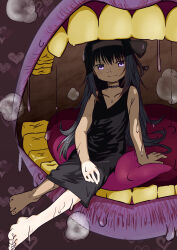  absurdres akemi_homura barefoot black_background black_dress black_hair breasts collarbone colored_teeth dress hairband hand_on_own_knee heart highres lips long_hair looking_at_viewer mahou_shoujo_madoka_magica okai_(pixiv6333) purple_eyes purple_lips saliva sitting small_breasts smile yellow_teeth 