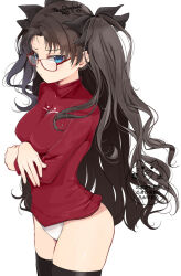  arms_under_breasts bespectacled black_hair black_thighhighs blue_eyes blush breasts commentary_request cowboy_shot crossed_arms dated fate/stay_night fate_(series) female glasses hair_ribbon kinako_(mzknk0) long_hair looking_at_viewer medium_breasts no_pants panties red-framed_eyewear red_sweater ribbon signature simple_background solo sweater taut_clothes thighhighs tohsaka_rin turtleneck turtleneck_sweater two_side_up underwear very_long_hair watermark wavy_hair white_background white_panties 