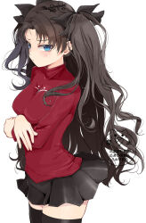  arms_under_breasts black_hair black_skirt black_thighhighs blue_eyes blush breasts commentary_request cowboy_shot crossed_arms dated fate/stay_night fate_(series) female hair_ribbon kinako_(mzknk0) long_hair looking_at_viewer medium_breasts miniskirt red_sweater ribbon signature simple_background skirt solo sweater taut_clothes thighhighs tohsaka_rin turtleneck turtleneck_sweater two_side_up very_long_hair watermark wavy_hair white_background zettai_ryouiki 