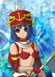 axe bikini blue_background blue_eyes blue_hair breasts closed_mouth commentary_request elbow_gloves expressionless female fingerless_gloves gloves hat holding holding_axe looking_at_viewer mechanic_(ragnarok_online) medium_breasts monou0135 navel ragnarok_online red_bikini red_gloves red_hat shako_cap short_hair solo swimsuit upper_body 