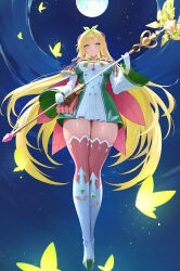  absurdres blonde_hair blush boots breasts closed_mouth commission covered_navel destina_(epic_seven) dress epic_seven female full_body full_moon gloves green_eyes highres holding holding_staff kiek_qaq large_breasts long_hair long_sleeves looking_at_viewer moon night outdoors pixiv_commission solo staff thigh_boots thighs white_gloves wide_sleeves 
