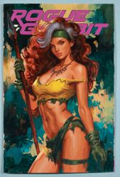  acrylic_paint_(medium) bone_necklace breasts brown_hair closed_mouth commentary cover_sketch cowboy_shot english_commentary female gloves green_gloves green_headband green_panties headband highres holding holding_polearm holding_weapon jonathan_knight looking_at_viewer marvel multicolored_hair painting_(medium) panties photo_(medium) polearm rogue_(savage_south)_(x-men) rogue_(x-men) solo spear stomach tank_top torn_clothes torn_tank_top traditional_media two-tone_hair underwear weapon white_hair x-men 