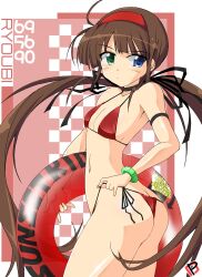  ahoge arched_back armband armpit_crease ass bangle bare_arms bare_shoulders bikini black_armband black_ribbon blue_eyes blunt_bangs bracelet breasts brown_hair butt_crack character_name checkered_background cleavage closed_mouth collarbone commentary_request cowboy_shot english_text female from_side green_eyes hair_ribbon hairband heterochromia highres holding holding_swim_ring innertube jewelry long_hair looking_at_viewer low_twintails navel partial_commentary prime_gmx red_background red_bikini red_hairband red_innertube ribbon ryoubi_(senran_kagura) senran_kagura shiny_skin side-tie_bikini_bottom sideboob sidelocks sideways_glance small_breasts solo stomach string_bikini swim_ring swimsuit swimsuit_tug thighs three-toned_background three_sizes turning_head twintails very_long_hair white_background 