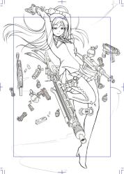  akemi_homura akemi_homura_(magical_girl) boots breasts closed_mouth commentary english_commentary expressionless female full_body gun hairband handgun high_heel_boots high_heels holding holding_gun holding_weapon jacket leg_up line_art mahou_shoujo_madoka_magica miniskirt neck_ribbon pas_(paxiti) pleated_skirt ribbon skirt small_breasts solo spot_color submachine_gun weapon 