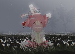  blood blue_dress blue_flower bow cross dress dress_bow english_text field flower flower_field fog gloves grass hairbow highres holding holding_sign jewelry kaname_madoka kaname_madoka_(magical_girl) kyuubee light_particles looking_at_viewer magical_girl mahou_shoujo_madoka_magica outdoors pink_bow pink_dress pink_hair pink_ribbon ribbon ring short_hair sign sitting tree twintails white_gloves wrist_ribbon x_x_dame 