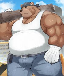  2025 absurd_res anthro bear black_nose bodily_fluids bottomwear brown_body clothing construction_site hi_res kemono male mammal musclegut muscular musk nisikemo overweight overweight_male pants scar shirt solo sweat topwear 