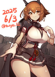  black_skirt breasts brown_hair capelet closed_mouth collar cowboy_shot dated female flipped_hair gloves hairband headgear highres kantai_collection large_breasts looking_at_viewer metal_belt metal_collar midriff mutsu_(kancolle) mutsu_kai_ni_(kancolle) pleated_skirt rigging sakuramon ship_turret short_hair skirt smile solo striped_clothes striped_skirt tanyou twitter_username white_gloves 