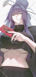  absurdres black_skirt breasts card character_request closed_mouth cowboy_shot epic_seven female gootai highres holding holding_card huge_breasts long_hair looking_at_viewer navel purple_hair skirt solo underboob white_background yellow_eyes 