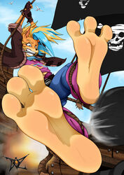  blonde_hair blue_eyes blue_hair crash_(series) crash_bandicoot_4:_it&#039;s_about_time dazidentevil earrings feet female female_only fetish foot_fetish foot_focus fur furry furry_only jeans orange_fur pirate_tawna soles tawna_bandicoot tawna_bandicoot_(crash_4) thick_thighs 