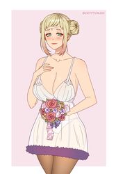  1girls alternate_costume bare_arms bare_shoulders bare_thighs blonde_hair blush bouquet bride cleavage collarbone condom condom_in_hand condom_packet_strip cryptid_crab fire_emblem fire_emblem_heroes flower green_eyes henriette_(fire_emblem) huge_breasts lingerie looking_at_viewer mature_female medium_hair multicolored_hair nightgown nintendo panties royalty see-through smile solo solo_female thighhighs white_panties wide_hips 