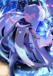  absurdres breasts chromatic_aberration colored_eyelashes commentary_request dress female grey_hair hair_between_eyes halo highres holographic_interface jacket long_hair looking_at_viewer mornye_(wuthering_waves) nagon_(user_gdxy5848) parted_lips partial_commentary purple_dress red_eyes small_breasts solo white_jacket wuthering_waves 