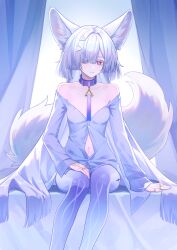  absurdres bare_shoulders breasts chinese_commentary colored_eyelashes commentary_request feet_out_of_frame female fox_girl fox_tail grey_hair hair_ornament hair_over_one_eye hand_on_own_thigh highres jewelry kemonomimi_mode long_hair looking_at_viewer medium_breasts meng_xi_xuan mornye_(wuthering_waves) multiple_rings navel off_shoulder parted_lips partially_unbuttoned red_eyes revision ring see-through_body shirt sitting smile solo tacet_mark_(wuthering_waves) tail white_shirt wuthering_waves 