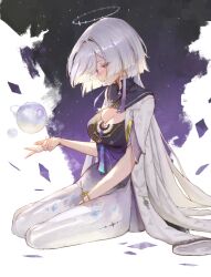  alternate_breast_size_(larger) breasts cleavage commentary dress earrings female grey_hair halo hand_up jacket jewelry long_hair medium_breasts mornye_(wuthering_waves) parted_lips planet purple_dress purple_sky red_eyes see-through_body sib_(9obsl) sky solo star_(sky) starry_sky tacet_mark_(wuthering_waves) triangle_earrings white_jacket wuthering_waves 