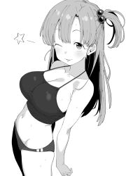  breasts bulma_briefs buruma collarbone commentary_request dragon_ball dragon_ball_(classic) female greyscale hair_bobbles hair_ornament henyaan_(oreizm) highres large_breasts looking_at_viewer monochrome navel one_eye_closed one_side_up simple_background solo sports_bra star_(symbol) sweat white_background 