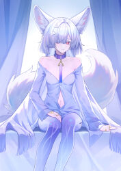  absurdres bare_shoulders breasts chinese_commentary colored_eyelashes commentary_request feet_out_of_frame female fox_girl fox_tail grey_hair hair_ornament hair_over_one_eye hand_on_own_thigh highres jewelry kemonomimi_mode long_hair looking_at_viewer medium_breasts meng_xi_xuan mornye_(wuthering_waves) multiple_rings navel off_shoulder parted_lips partially_unbuttoned red_eyes ring see-through_body shirt sitting smile solo tacet_mark_(wuthering_waves) tail white_shirt wuthering_waves 