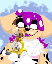  amiibo anthro arm_tattoo canid canine canis chest_tattoo domestic_dog eyemask eyewear fluffy fluffy_chest freckles frye_(splatoon) fur hi_res lineless looking_at_object mammal mastectomy_scar multicolored_body nintendo paws scar solo splatoon tattoo vobolni317 yellow_body yellow_fur 
