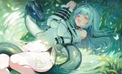  bandaged_leg bandages bare_legs bare_shoulders black_choker bound bound_arms bug chains choker commentary_request covered_navel crown epic_seven female fenne_(epic_seven) highres in_water korean_commentary ladybug light_blush long_hair looking_at_viewer lying on_back open_mouth plant popoka0930 red_eyes sidelocks snake solo water white_hair yellow_eyes 