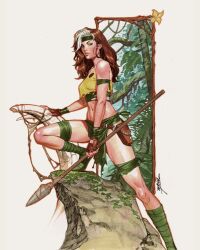  brown_hair female green_shoes highres holding holding_polearm holding_weapon jorge_molina long_hair looking_at_viewer marvel multicolored_hair pelvic_curtain polearm rogue_(x-men) shirt shoes signature solo spear torn_clothes torn_shirt two-tone_hair weapon white_hair x-men yellow_shirt 