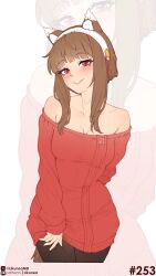  absurdres alternate_hairstyle animal_ears bare_shoulders black_pants blush breasts brown_hair cleavage commentary cosplay english_commentary female hairband highres holo likunea long_sleeves looking_at_viewer medium_breasts medium_hair off-shoulder_sweater off_shoulder pants patreon_logo patreon_username red_eyes red_sweater sidelocks smile solo spice_and_wolf spy_x_family sweater tail twitter_username twitter_x_logo white_background white_hairband wolf_ears wolf_girl wolf_tail yor_briar yor_briar_(cosplay) zoom_layer 