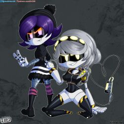  absurd_res accessory android breasts clothed clothing digital_media_(artwork) disassembly_drone duo female female/female fingers glitch_productions hair hat hazard_stripes headgear headwear hi_res humanoid jackintaro looking_at_viewer machine murder_drones not_furry purple_eyes purple_hair robot robot_humanoid screen_eyes short_hair simple_background smile syringe tail tailed_humanoid uzi_(murder_drones) v_(murder_drones) white_body worker_drone yellow_eyes 