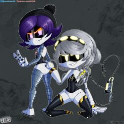  absurd_res accessory android breasts clothing digital_media_(artwork) disassembly_drone duo female female/female fingers glitch_productions hair hat hazard_stripes headgear headwear hi_res humanoid jackintaro looking_at_viewer machine murder_drones not_furry nude purple_eyes purple_hair robot robot_humanoid screen_eyes short_hair simple_background smile syringe tail tailed_humanoid uzi_(murder_drones) v_(murder_drones) white_body worker_drone yellow_eyes 