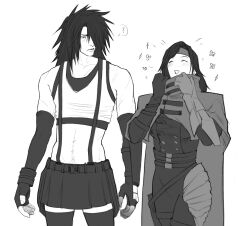  1boy ? absurdres bare_shoulders belt black_sports_bra black_thighhighs blush cape cloak closed_eyes cosplay costume_switch cowboy_shot elbow_gloves english_commentary female final_fantasy final_fantasy_vii final_fantasy_vii_rebirth final_fantasy_vii_remake gloves greyscale hair_over_one_eye headband height_difference highres long_hair looking_at_another midriff miniskirt monochrome multiple_belts open_mouth raisinbunn simple_background single_glove skirt spiked_hair spoken_question_mark sports_bra suspender_skirt suspenders tank_top thighhighs tifa_lockhart tifa_lockhart_(cosplay) vincent_valentine vincent_valentine_(cosplay) white_background white_tank_top zettai_ryouiki 